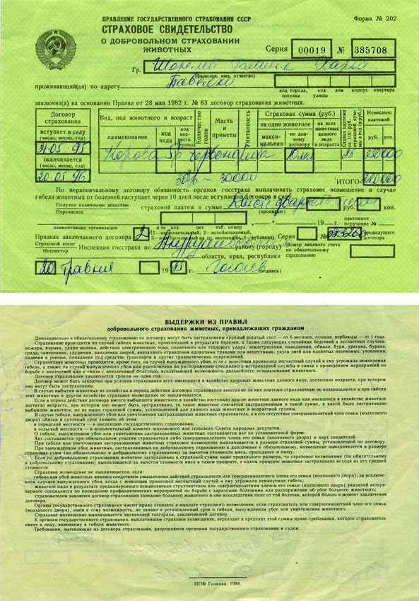 Договор страхования животных образец